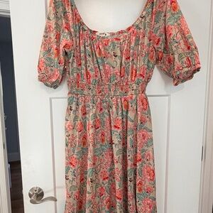 Boden Floral Midi Dress in Red and Green